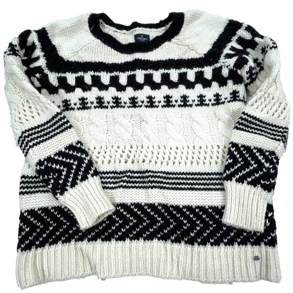 American Eagle Sweater Women Medium Heavy Chunky Cable Knit Striped Nordic